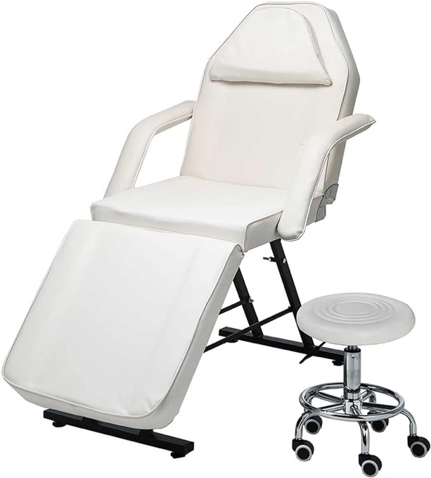 Massage Spa Tables,3-Section Adjustable Tattoo Chair,Facial Table,Tattoo Chair Massage Bed with Removable Armrests & Salon Stool for Barber Face Beauty,Spa and Tattoo(White)