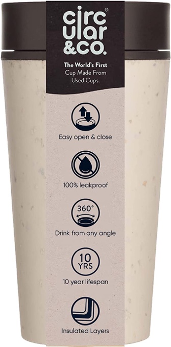 Circular and Co Reusable Coffee Cup 12oz/340ml - The World's First Travel Mug Made from Recycled Coffee Cups, 100% Leak-Proof, Sustainable & Insulated (Cream & Cosmic Black)