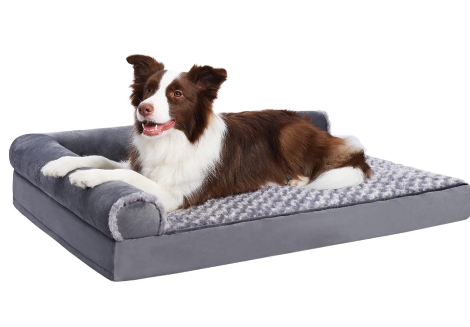 Orthopedic Pet Bed Deluxe Plush L-Shaped Couch with Waterproof Lining Bolster Sleeping Sofa with Removable Washable Cover & Nonskid Bottom for Medium Dogs, Gray