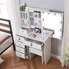 Caulitar Vanity Desk with Mirror and Hollywood Lights, Small Vanity Set with 5 Drawers and Chair, Girls Makeup Vanity Table for Bedroom