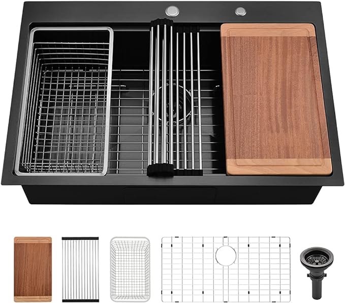 33 Inch Black Drop In Waterfall Kitchen Sink Workstation-VASOYO 33x19 Drop In Kitchen Sink Black Quartz Sink with Pull-out Faucet