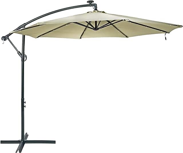 Sunnydaze Decor 9.5 ft. Offset Cantilever Patio Umbrella in Beige with Solar LED Lights