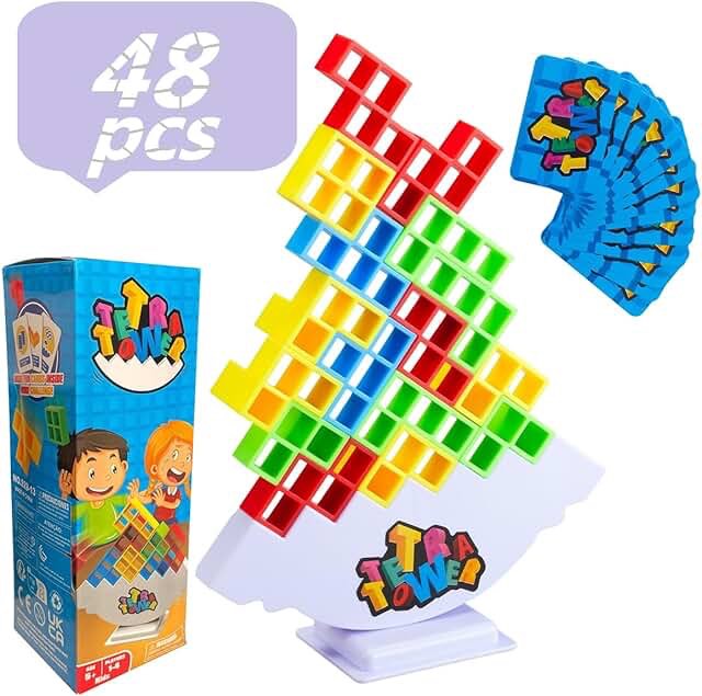 LanCipal 48 Pcs Tetra Tower Stack Attack Games - Stacking Block Puzzle Toy Board Game for Kids & Adults,Balance Game for Family Parties, Travel, and Team Building