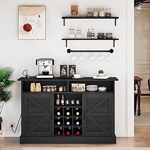 YITAHOME Farmhouse Kitchen Buffet Cabinet, 52" Wine Bar Cabinet with Floating Shelf Hanging Rod Power Outlets, Sliding Barn Door Modern Coffee Liquor Pantry for Kitchen, Dining Living Room Floating Shelf 52" Black Oak