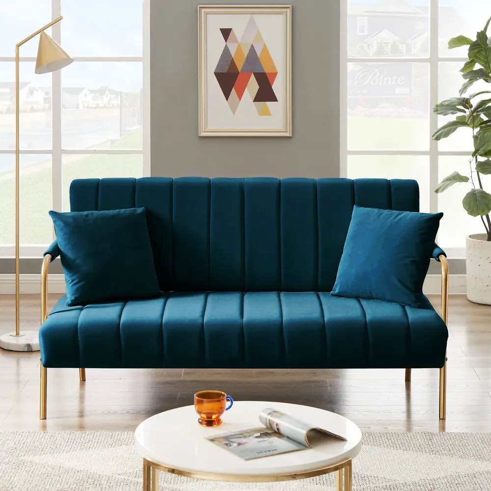Modern and Comfortable Dark Blue Australian Cashmere Fabric Sofa with Loveseat and Two Throw Pillows