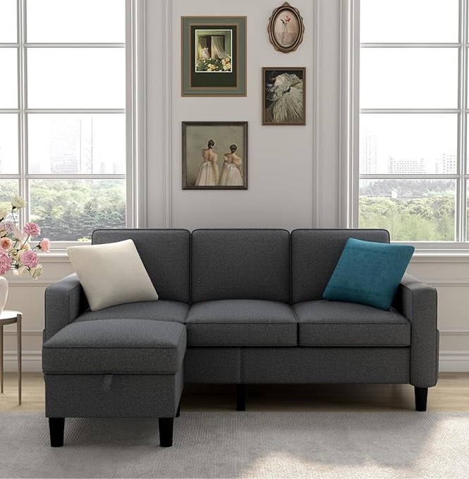 Livavege Convertible Sleeper Sectional Sofa with Storage Chaise and Ottoman, Linen Upholstered Backrest, Reversible Corner 3 Person L-Shape Couch for Small Living Room, Apartment(BOX 1 OF 3 AND 2 OF 3 ONLY)