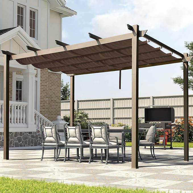MEWAY 10x13 Outdoor Pergola with Retractable Canopy Louvered Metal Pergola with Roof Patio Aluminum Pergola Shade Shelter for Garden Backyard,Lawn,Deck,Brown