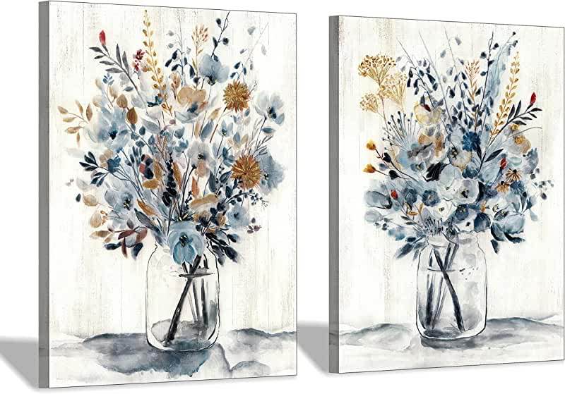 Floral Painting Canvas Wall Art: Abstract Flower Bouquet in Glass Bottle Picture Print for Dining Room (18'' x 24'' x 2 Panels)