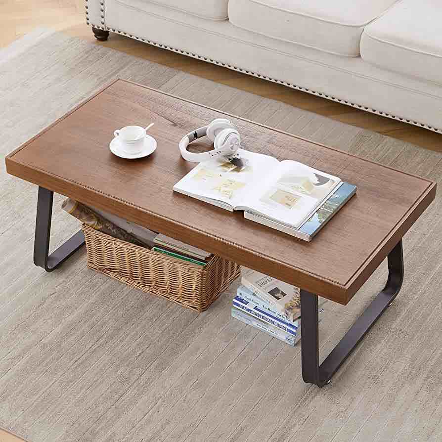 IBF Natural Wood Coffee Table, Rustic Solid Wood Center Table for Living Room, Rectangle Metal and Real Wood Tea Table, Modern Industrial Minimalist Wooden Cocktail Table, Rustic Brown, 47 Inch