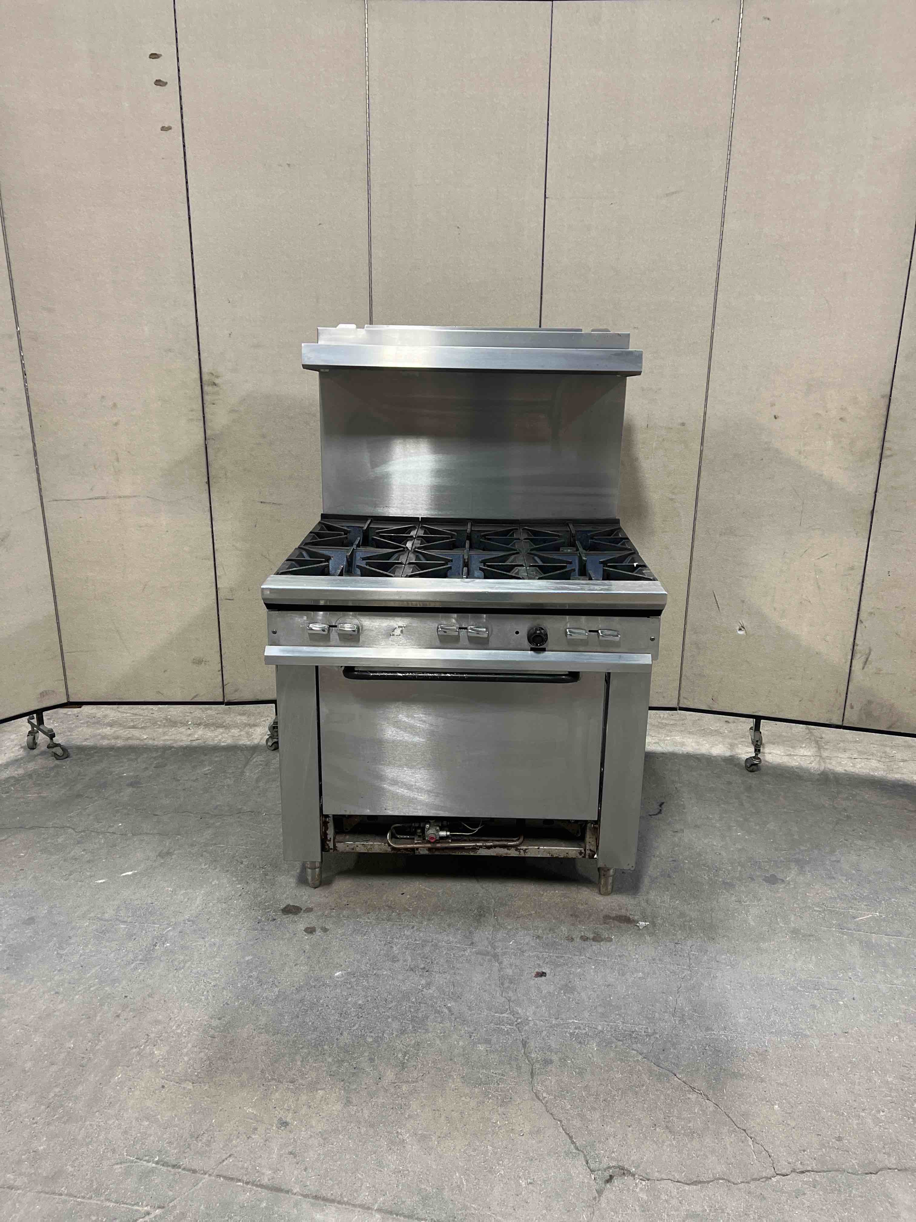 36 INCH NATURAL GAS SIX BURNER RANGE WITH OVEN AND OVER SHELF 