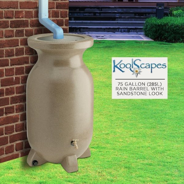 Koolscapes Stone-Look Rain Barrel 75 Gal. (285L) Beige, Eco-Friendly Gardening, Water Conservation by Koolatron