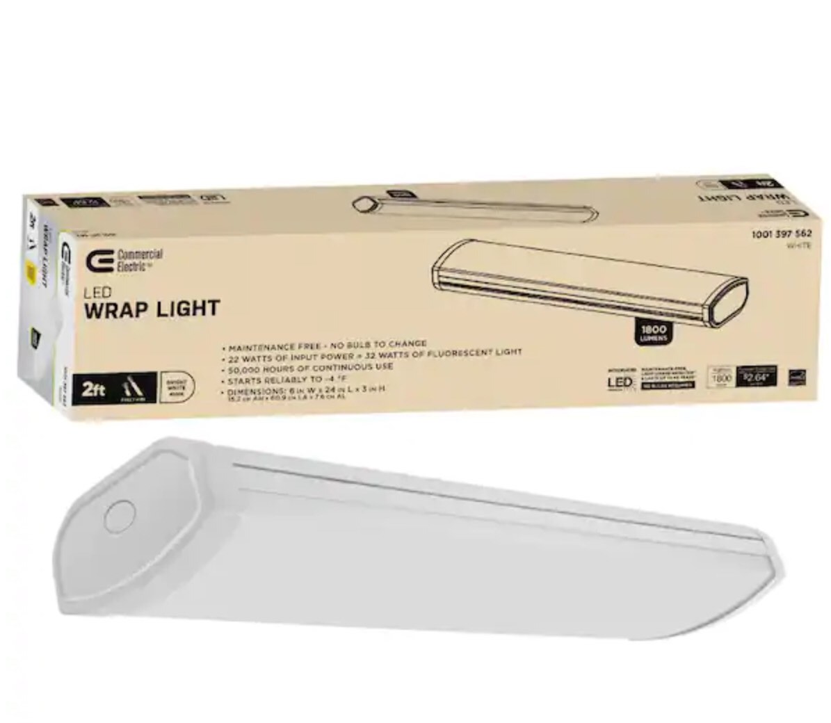 2 ft. 1800 Lumens LED Wraparound Ceiling Light Closet Garage Light Shop Light 4000K Bright White 120v Hardwire by Commercial Electric
