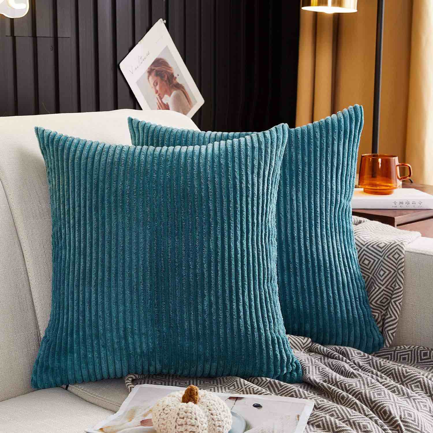 Square Throw Pillow Cushion, Home Decor Decorations for Sofa Couch Bed Chair 18x18 Inch/45x45 cm (Striped Peacock) Teal Velvet, 4-Pack
