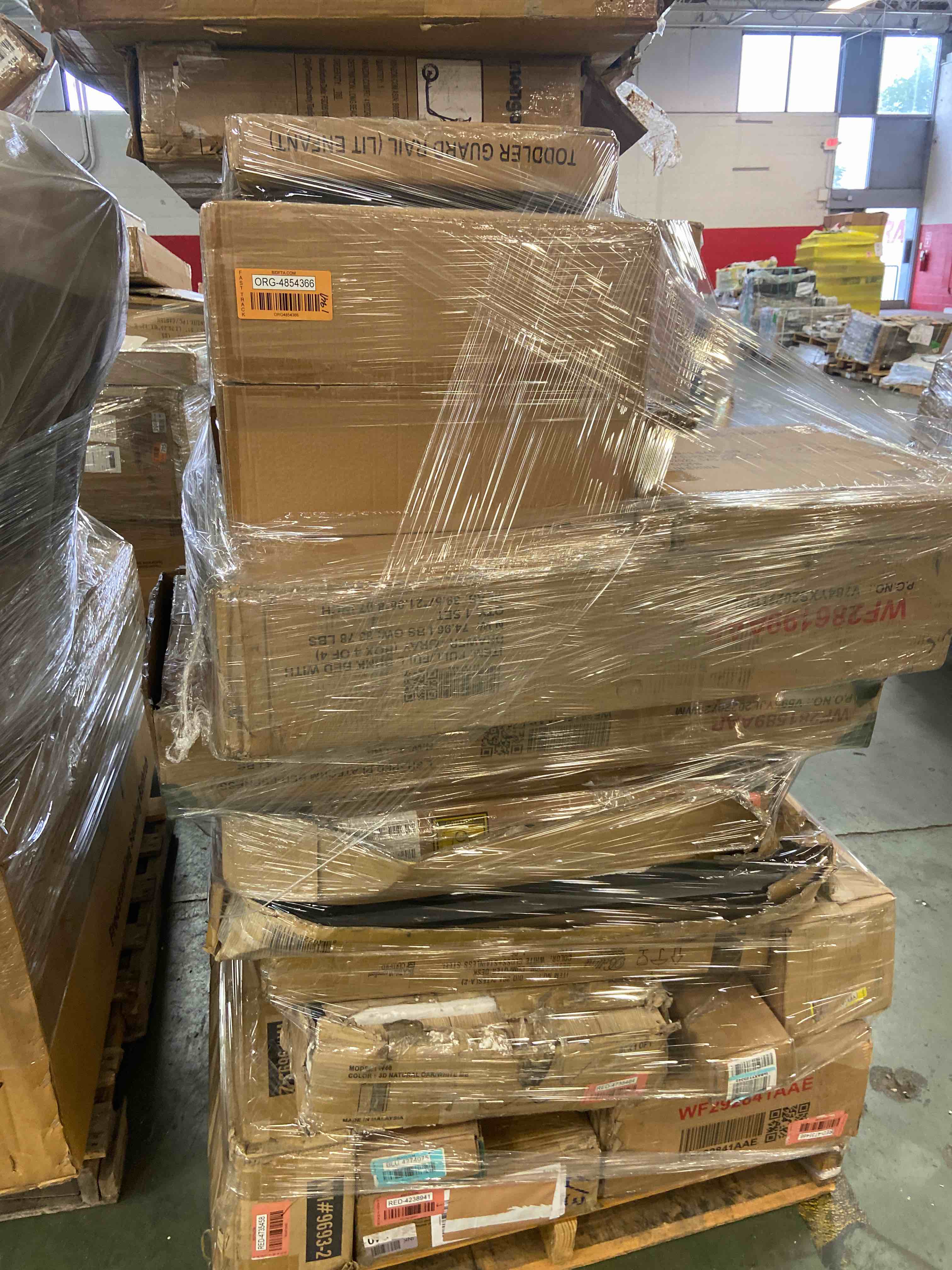 Large pallet lot of miscellaneous incomplete furniture, salvaged mongoose scooter, Bactive disinfectant wipes and more!      (This pallet lot must be loaded into the proper vehicle. Everything must go. We will not set this on the ground, be sure to bring the right vehicle to be forklift loaded or you will forfeit the item.)