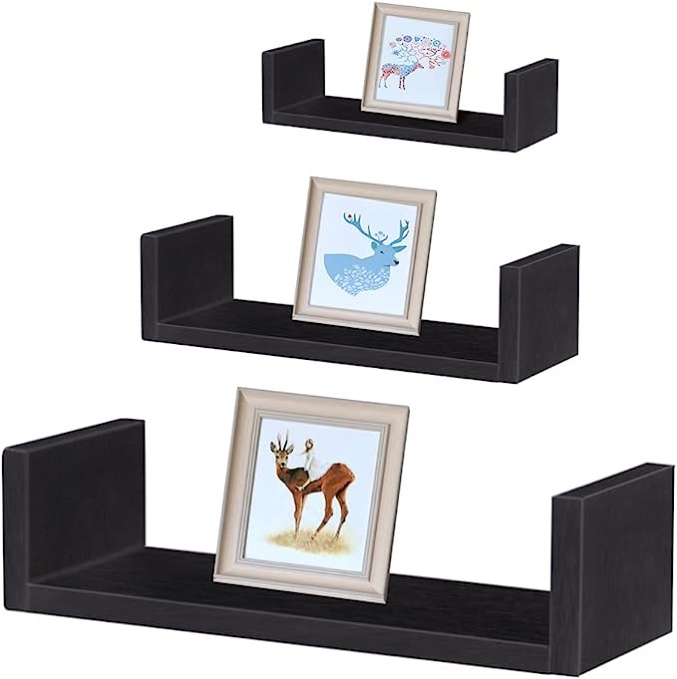 NEX Rustic Wood Floating Shelves Set of 3 U Shape Wall Mounted Shelf for Bathroom Bedroom Living Room, black