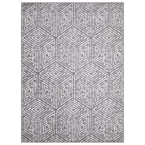 Ottomanson Rixos Collection Geometric Gray/Ivory Cubes Design Area Rug, 7’10” x 9’ 10”