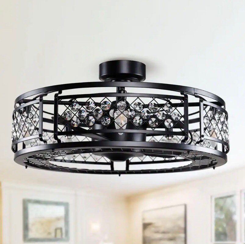 Parrot Uncle Wright 27 in. Indoor Black Crystal Caged Low Profile Ceiling Fan with Light Kit and Remote Control