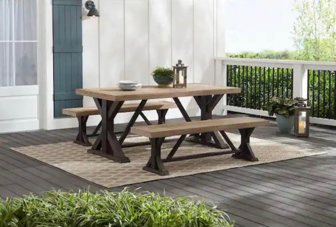 Hampton Bay Silver Oaks Farmhouse 3-Piece Acacia Wood Outdoor Patio Dining Set, (2 boxes)