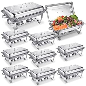 Hoolerry 10 Pack 8 Quart Chafing Dish Buffet Set Stainless Steel Full Size Catering Buffet Servers and Warmer with Foldable Frame Food Pan Fuel Holder and Lid for Wedding Party Banquet Catering Events