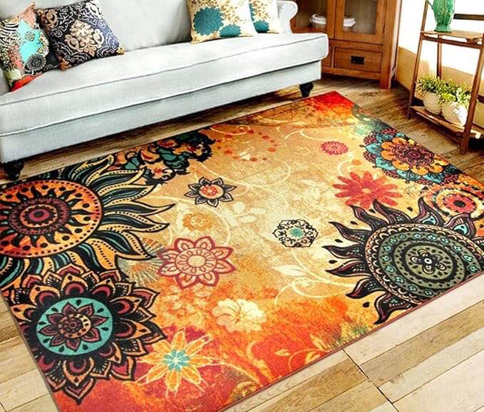 EUCH Contemporary Boho Retro Style Abstract Living Room Floor Carpets,Non-Skid Indoor/Outdoor Large Area Rugs,75"x98" Lotus