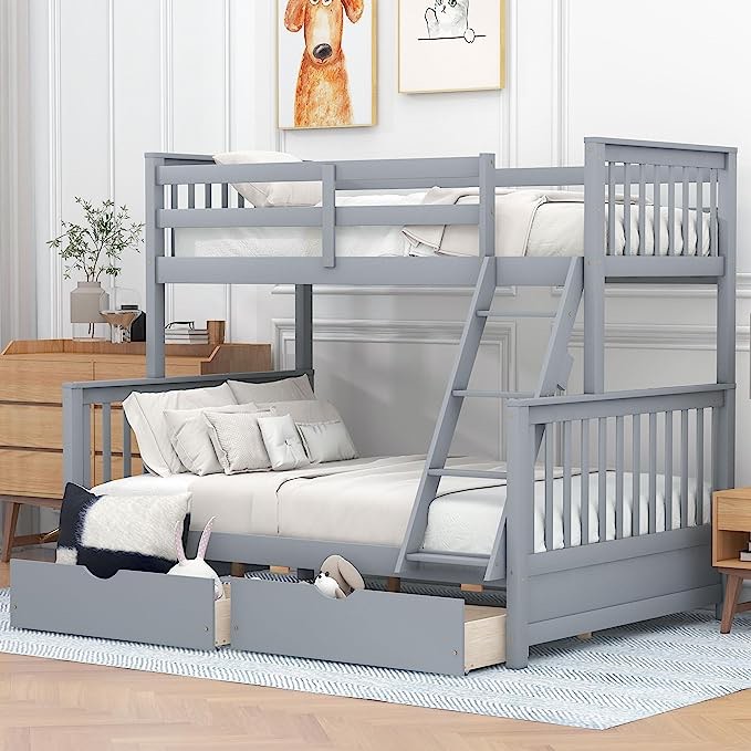 Wood Bed Frame Twin-Over-Full Bunk Bed with Ladders and Two Storage Drawers,Gray- incomplete one box of two only 
