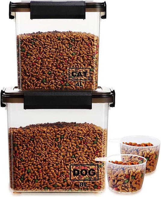 Lockcoo 2-Pack Airtight Pet Food Storage Containers with Measuring Cup,Portable Handle for Dog Treats, Cat Dry Food Bin,Kitchen Container (8L+4L,Grey)