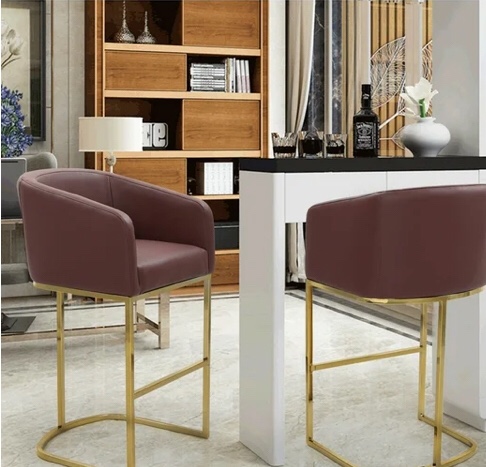 Tahiti Bar Stool or Counter Stool Chair PU Leather Upholstered Shelter Arm Design Half-Moon Goldtone Solid Metal U-Shaped Base