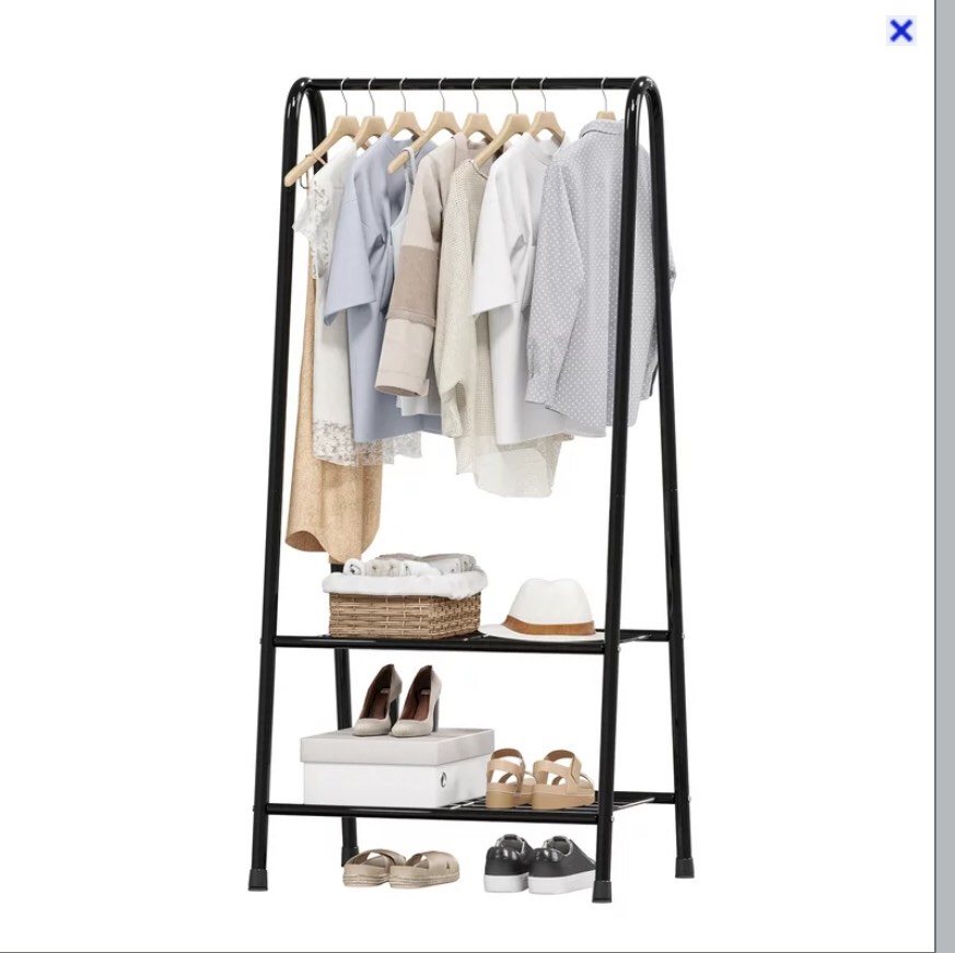 JOISCOPE Portable Metal Clothes Rack, Heavy Duty Sturdy Metal Clothing Coat Rail with Double Layer Shelf for Storing Clothes, Shoes, Suitable for Bedroom, Office, Living Room Gold