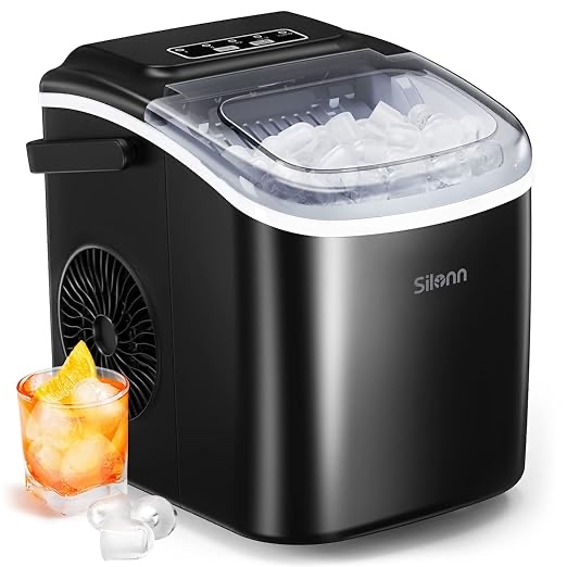 Countertop Ice Maker, 9 Cubes Ready in 6 Mins, 26lbs in 24Hrs, Self-Cleaning Ice Machine with Ice Scoop and Basket, 2 Sizes of Bullet Ice for Home Kitchen Office Bar Party(Black)