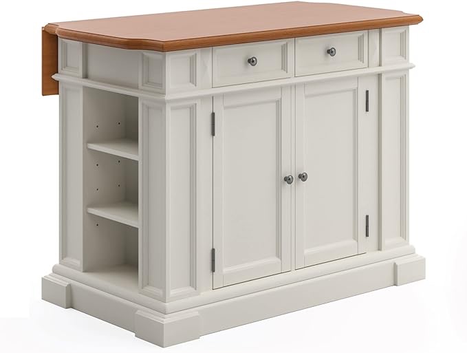 (box 1 of 3)(box 2 of 3)Homestyles Americana Kitchen Island with Wood Top and Drop Leaf Breakfast Bar, Storage with Drawers and Adjustable Shelves, 50 Inch Width, 49.75 inches, Off White
