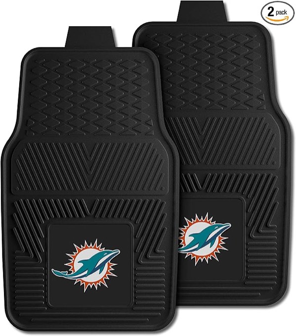 FANMATS 8770 Miami Dolphins 2-Piece Heavy Duty Vinyl Car Mat Set, Front Row Floor Mats, All Weather Protection, Universal Fit, Deep Resevoir Design