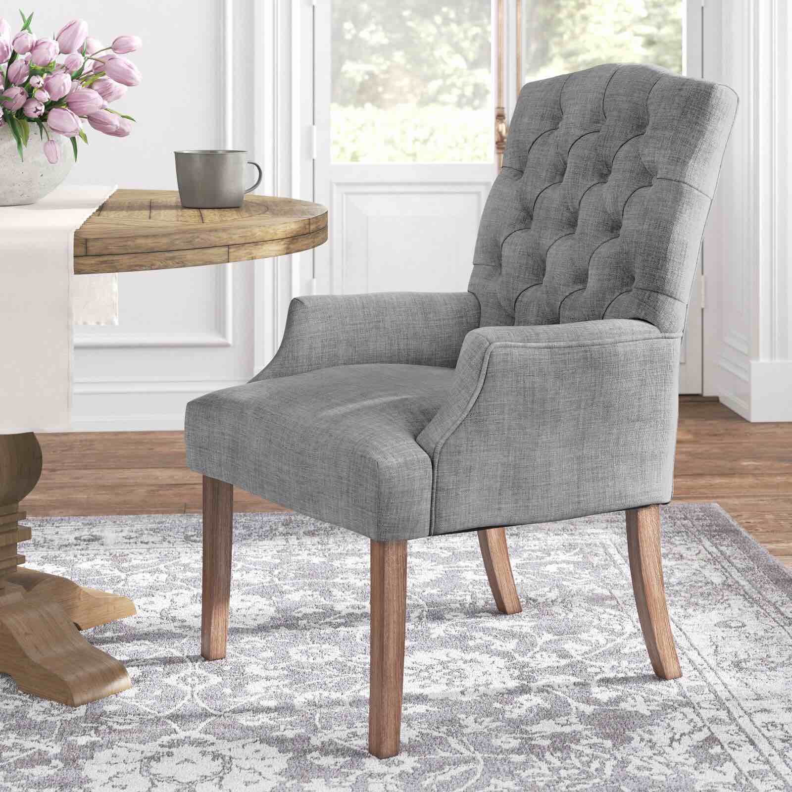 Lila Tufted Linen Upholstered Arm Chair, Gray
