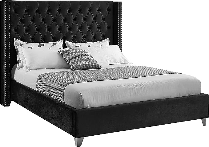 Meridian Furniture Aiden Collection Modern | Contemporary Velvet Upholstered Panel Bed with Deep Button Tufting, Solid Wood Frame, and Custom Chrome Legs, King, Black