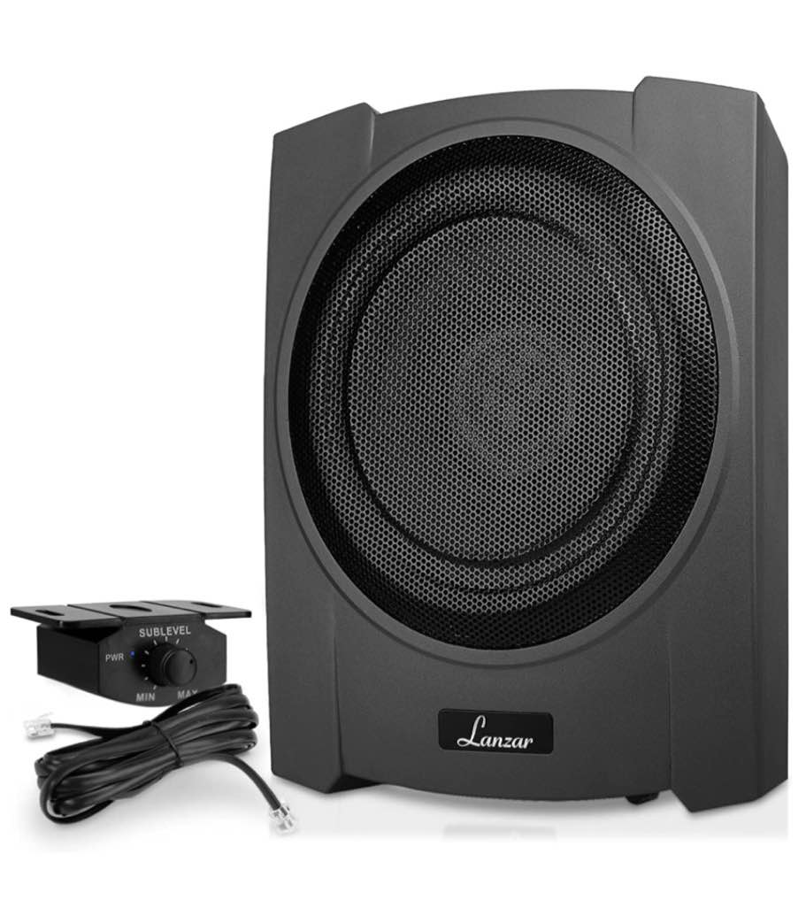 LANZAR SBA10A 10” 900 Watt Peak Power Compact Low-Profile Slim Active Bass Boost Control Amplified Underseat Car Audio System Subwoofer with 8 Gauge Complete Wiring Installation Kit