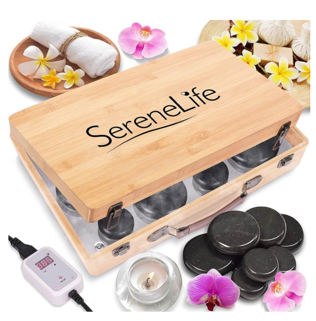SereneLife Electric Spa Portable Heated Rocks Massage Stones and Warmer Box Kit, 12 Large Small Black Stone Set with Bamboo Heating Case, Brown
