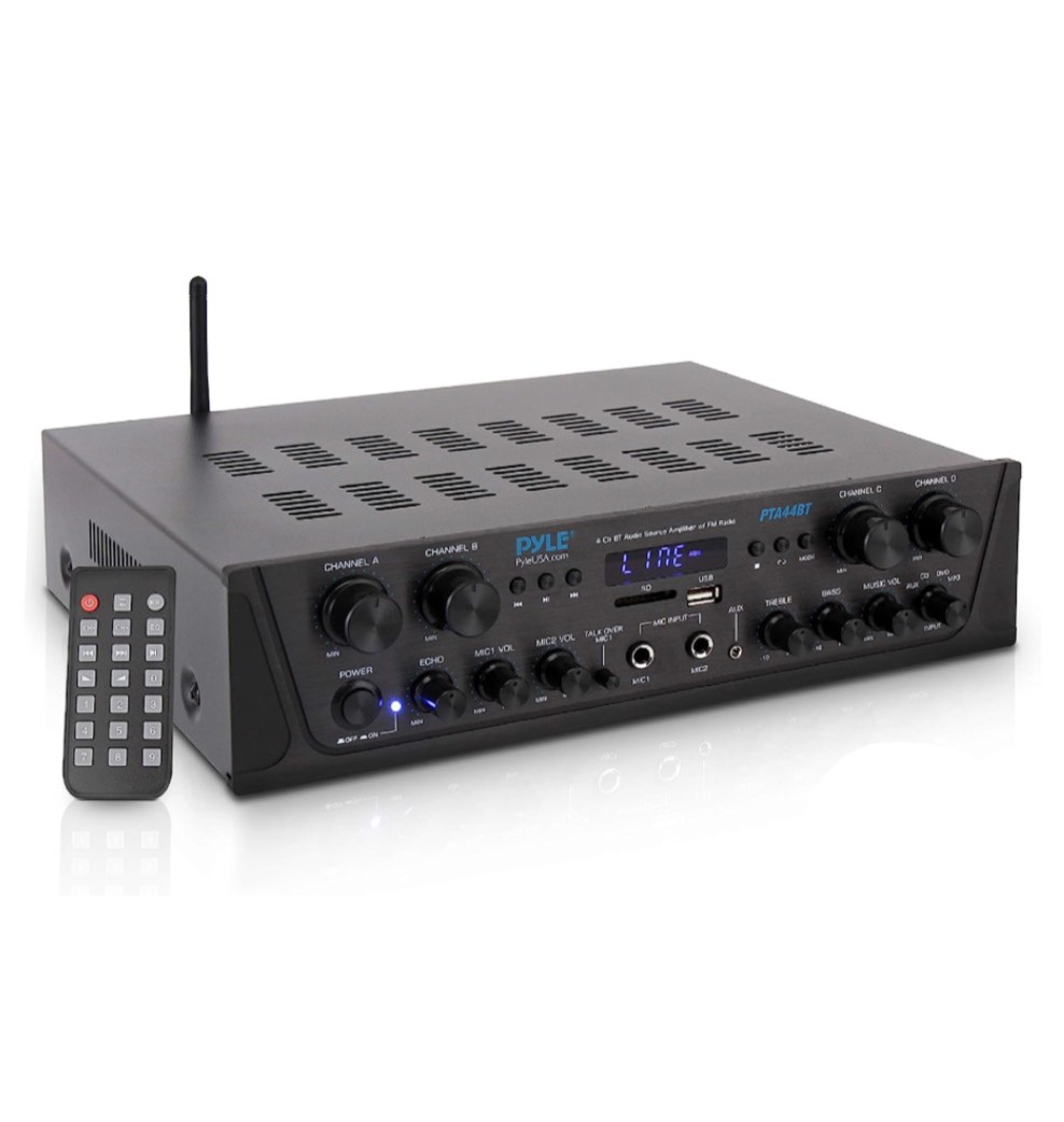 Pyle 500W Karaoke Wireless Bluetooth Amplifier - 4 Channel Stereo Audio Home Theater Speaker Sound Power Receiver with AUX IN, FM, RCA Subwoofer Speakers OUT, USB, Microphone IN with Echo - PTA44BT