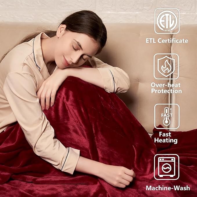 Tefici Electric Heated Blanket Throw, Super Cozy Soft 2-Layer Flannel 50" x 60" Heated Throw with 3 Heating Levels & 4 Hours Auto Off, Machine Washable, ETL&FCC Certified, Home Office Use, Red