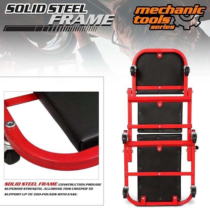 M-AUTO Foldable Z Creeper 2-in-1 Rolling Folding Car Creeper & Seat, 36" Adjustable Roller Garage Chair Lay Down or Sit, 330LBS Capacity Under Car Roller Creeper with 6 Swivel Casters, Red