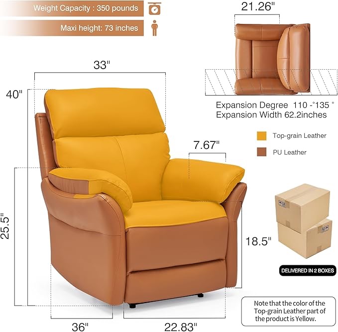 Condition photo showing New/Like New for AIRSKY Genuine Leather Recliner Chair, Top Grain Leather, Italian Water-Washing Process, Wall Hugger Recliner Chair, for Living Room, Theater Seating, Bedroom. R1, Orangish Yellow