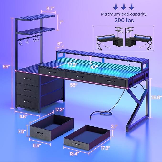 Condition photo showing New/Like New for Gaming Desk with 6 Drawers, Corner Gaming Desk with Storage & LED Lights, Reversible PC Desk with Power Outlet, Corner Computer Desk with Hutch, Monitor Stand, Side Hook, Carbon Fiber Black