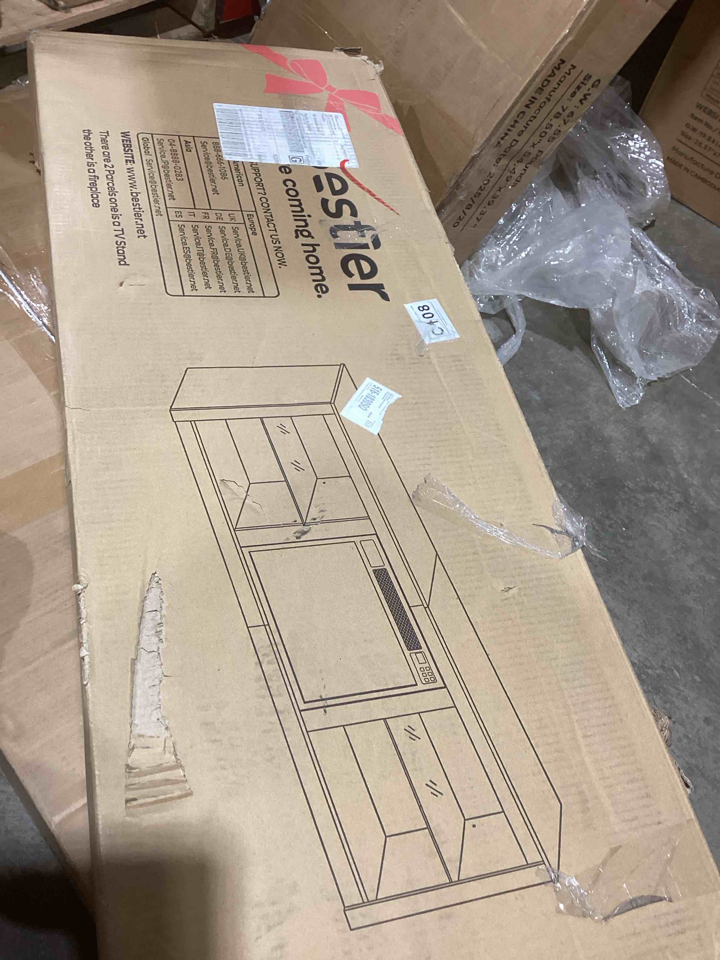 Condition photo showing Good Condition for Bestier 70 Inch Fireplace TV Stand for TV up to 75", LED Entertainment Center with 23" Electric Fireplace Media Console Table for Living Room with Glass Shelves, Black Marble