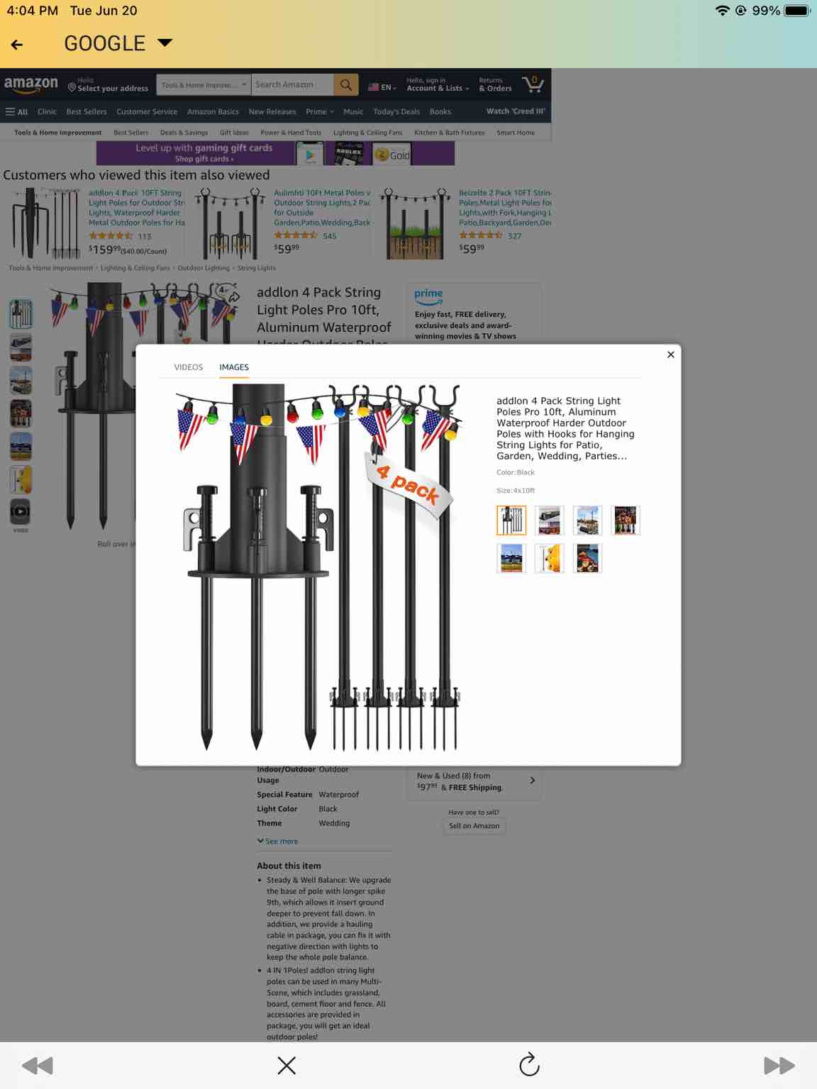 addlon 4 Pack String Light Poles Pro 10ft, Aluminum Waterproof Harder Outdoor Poles with Hooks for Hanging String Lights for Patio, Garden, Wedding, Parties - Classic Black Visit the addlon Store 4.4 4.4 out of 5 stars    123 ratings | 14 answered questions Amazon's Choice in Outdoor String Lights by addlon Deal -10% $125.99 ($31.50 / Count) List Price: $139.99   FREE Returns  Available at a lower pric