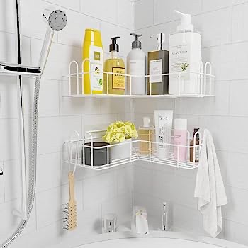 New England Stories 2 Pack Corner Shower Caddy, Strong Adhesive Shower Organizer with 12 Hooks, Rustproof Wall-mounted Bathroom Shower Shelves for bathroom, Dorm and Kitchen, No Drilling (Black) w New England Stories 2 Pack Corner Shower Caddy, Strong Adhesive Shower Organizer with 12 Hooks, Rustproof Wall-mounted Bathroom Shower Shelves for bathroom, Dorm and Kitchen, No Drilling white 