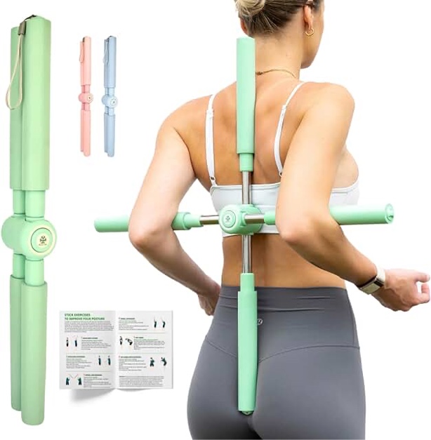 Posture Pole & Yoga Strap - Yoga Stick & Yoga Belt - Back Cracking Pole - Back Straightener Posture Corrector - Back Stretcher Correction Bar - Stretching Strap - Posture Stick