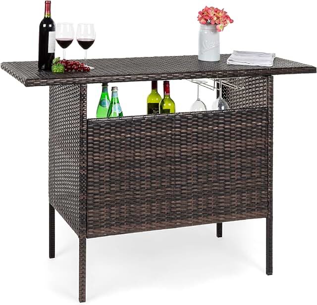 (* appears like photo *) VINGLI Wicker Outdoor Bar Table with 2 Steel Shelves, 2 Sets of Rails, Patio Bar Table Outdoor Table with Storage for Backyard, Poolside, Garden