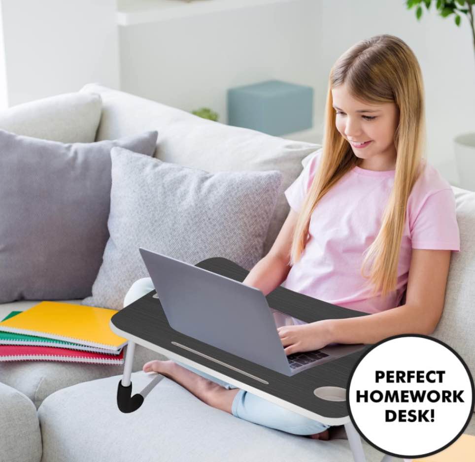 Portable Tray Bed Desk, Laptop Bed Tray Table, 23.6 inch Foldable Laptop Desk with Wireless Charging, 2USB Ports, Storage Drawer, Cup Holder