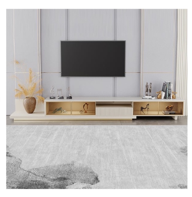 Light Khaki Modern Extendable TV Stand Glass Door Media Console with LED Light & Drawer
