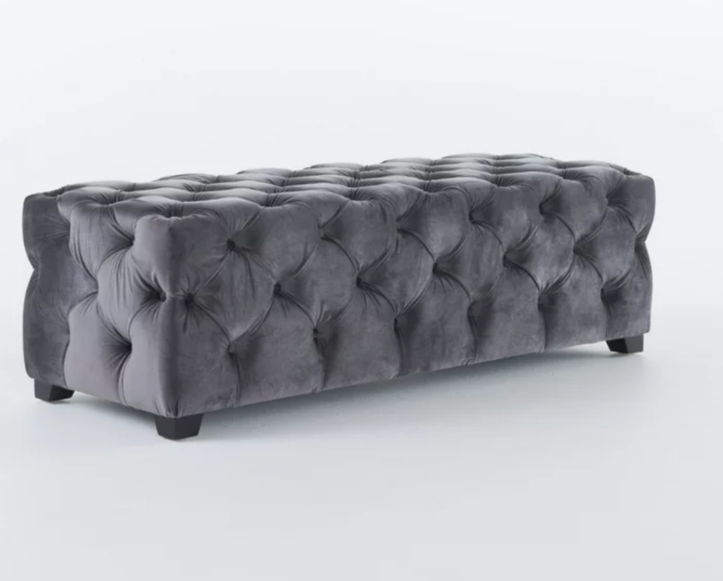 GDFSTUDIO Provence Tufted Velvet Fabric Rectangle Ottoman Bench , Grey