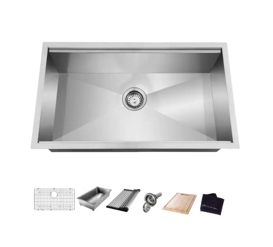 Glacier Bay Zero Radius Undermount 18G Stainless Steel 27 in. Single Bowl Workstation Kitchen Sink with Accessories