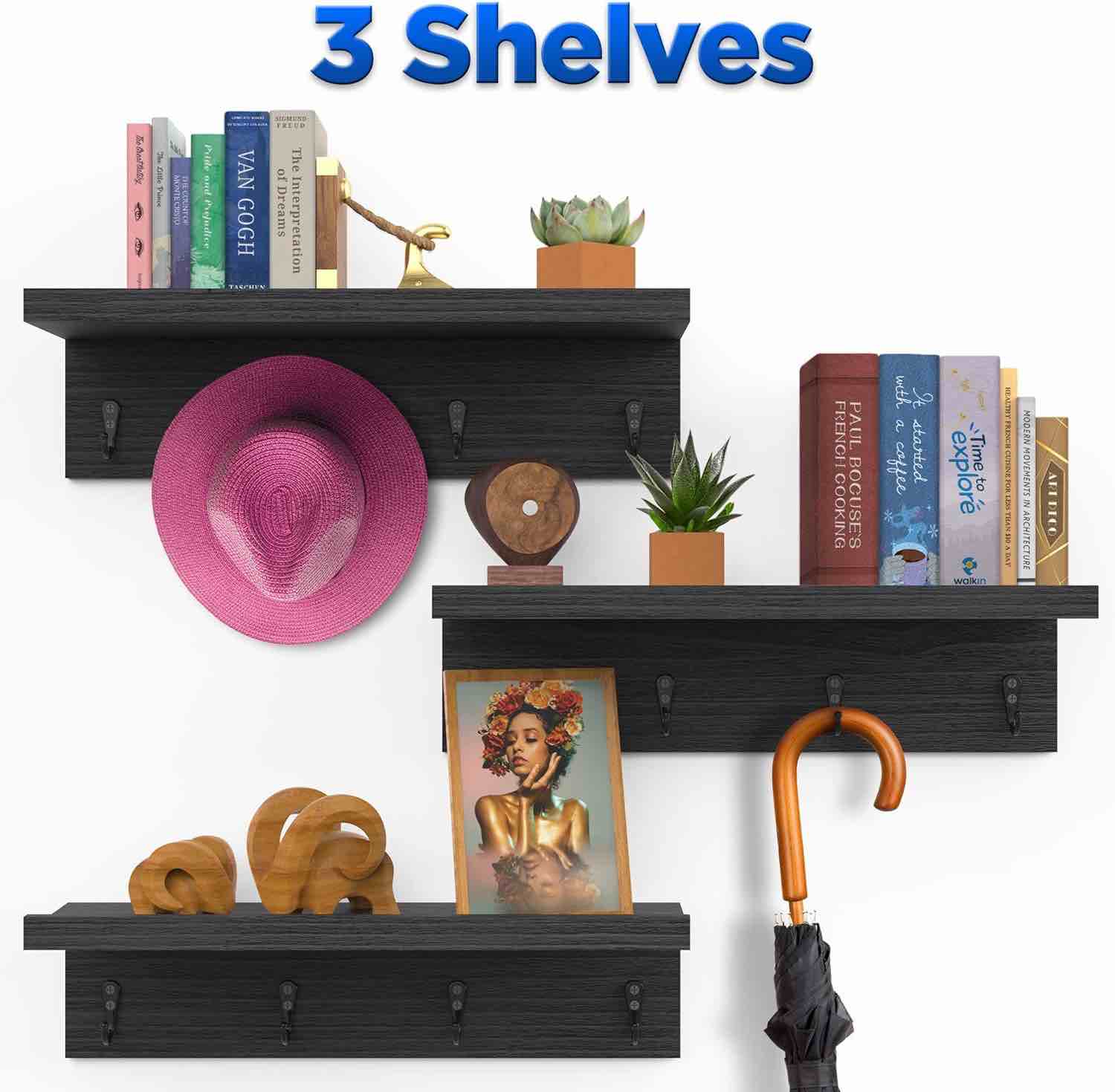 Icona Bay 24 Inch Floating Shelves for Wall, Set of 3 in Ebony Black, Modern Rustic Style, Wall Mounted Display Shelves,